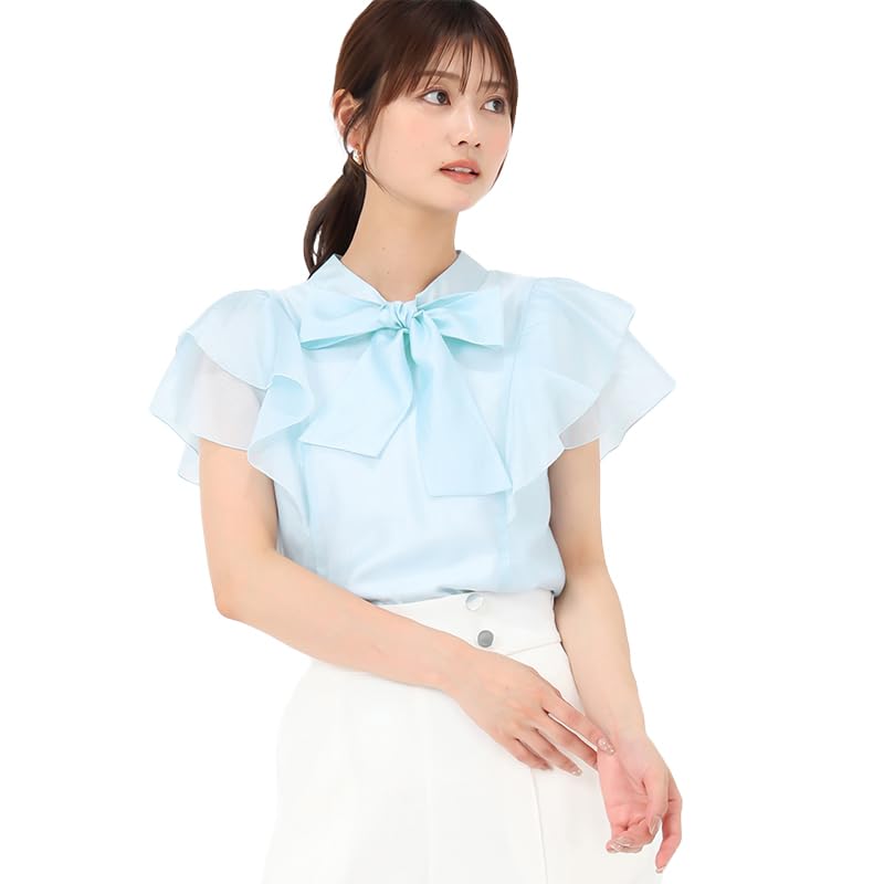 Mishmash Short Sleeve Blouse with Ruffles and Sheer Bow Blue Women's Tie,