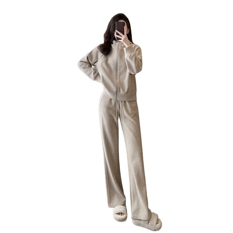 Europäischer Stil Kapuzen-Fleece-Sweatshirt & Weitbein-Hosen Set für Damen - Herbst/Winter Mode Freizeit Sportbekleidung Zweiteiliges Set