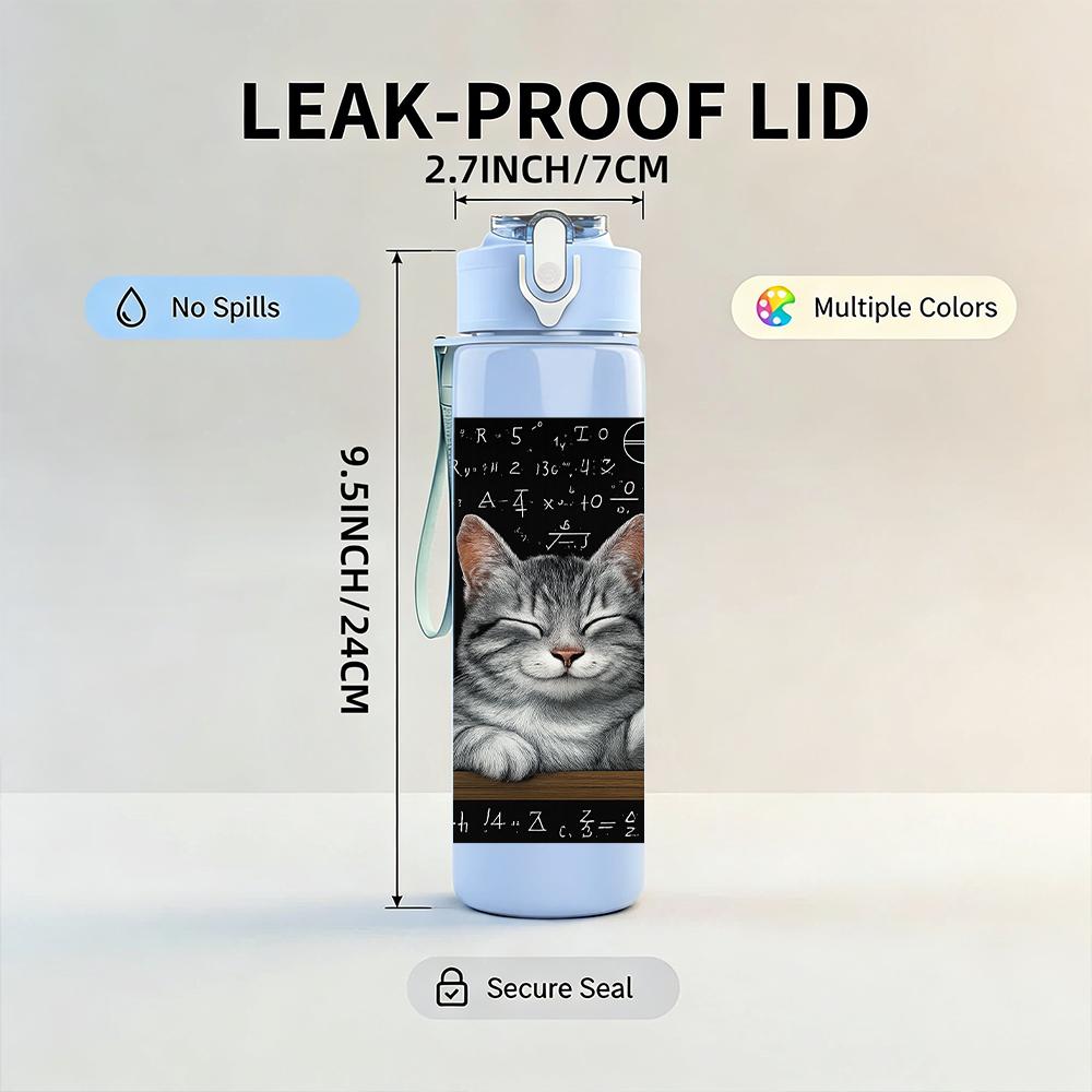 1PC Grey Cat Blackboard Scene 750ml Color Plastic Sports Water Bottle Leakproof Flip Straw Lid For Sports Office Home Use