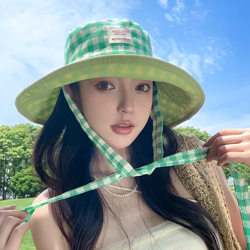 Women's Summer Korean Style Reversible Plaid Fisherman Hat Student Versatile Wide Brim UV Protection Sun Hat Fashionable Headwear Daily Outings School