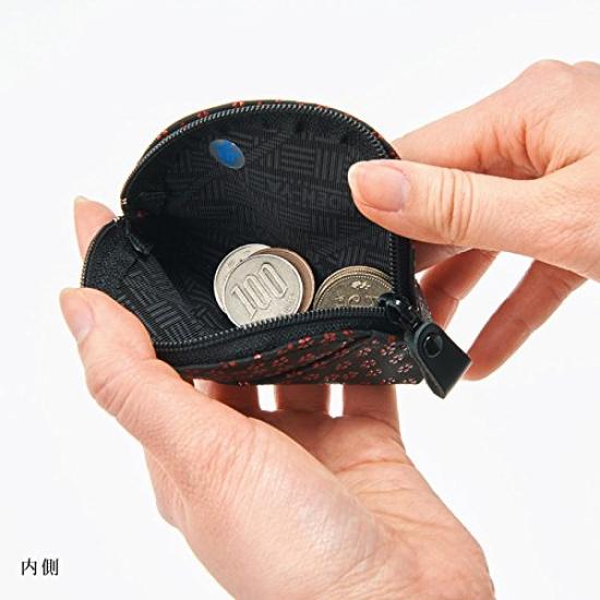 INDEN-YA Echtes Inden-Leder Bergförmige Reißverschluss-Münzbörse (Schwarz mit Rotlack, Kleines Kirschblütenmuster)  Authentisches Damenleder