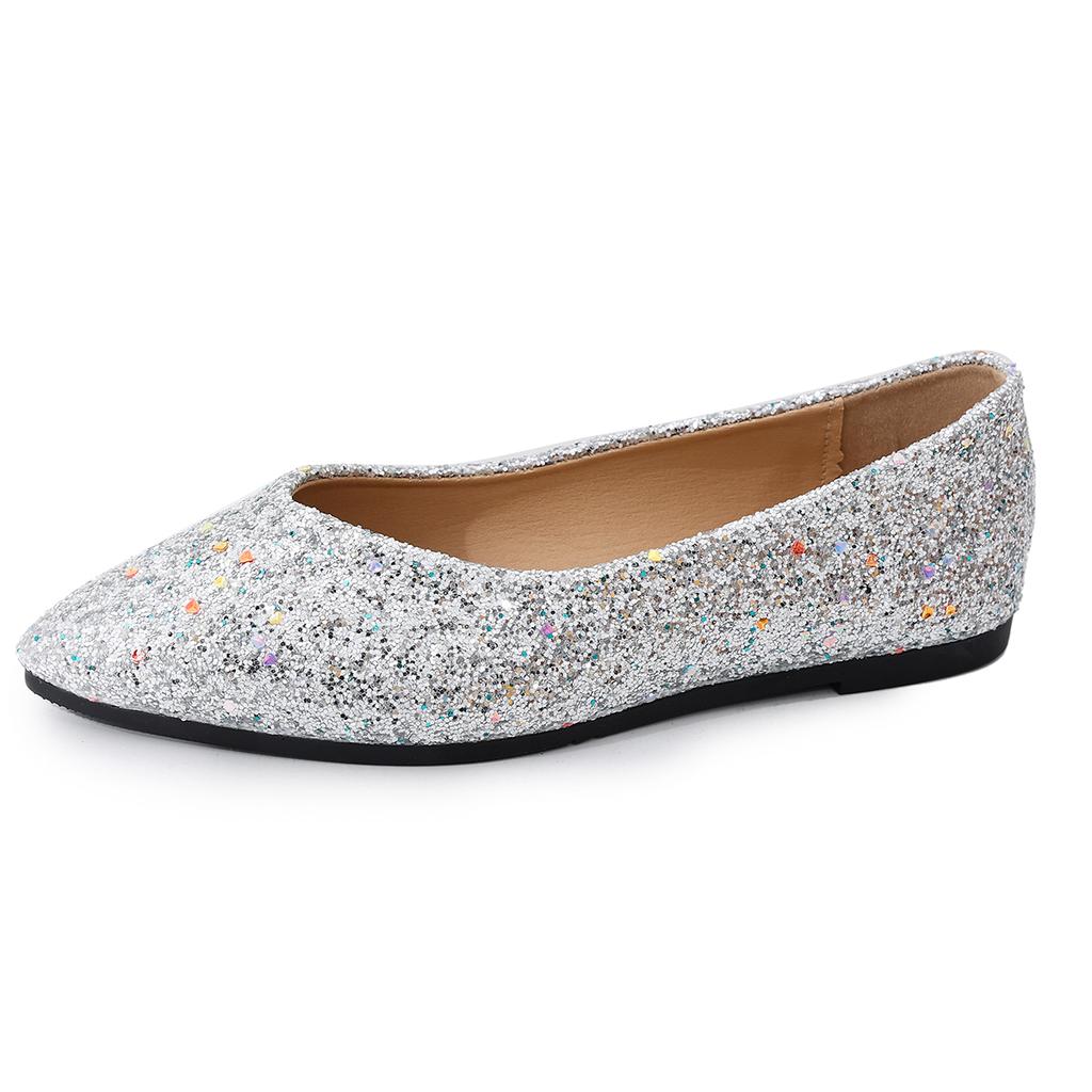 Sequin Flats Women's Fashion Pointed Toe Shallow Mouth Slip-On Low Top Plus Size Single