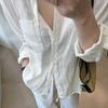 Flax temperament simple and versatile lapel single-breasted long-sleeved loose shirt women
