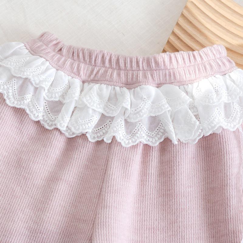 Mori-Style Korean Autumn Rabbit Ear Lace Hooded Sweatshirt & Pants Set for Baby Girls