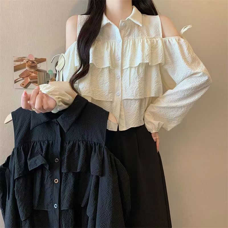 Off Shoulder Design Women's Shirt Solid Color Ruffled Bow Famale Button Blouse New Trend Fashionable Loose Ladies Long Sleeved Top