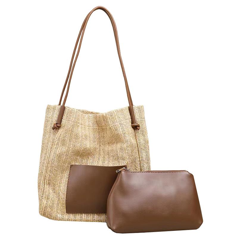 Сумка-тоут Соломенная сумка на плечо Большая вместимость Сумка для покупок темно-коричневого