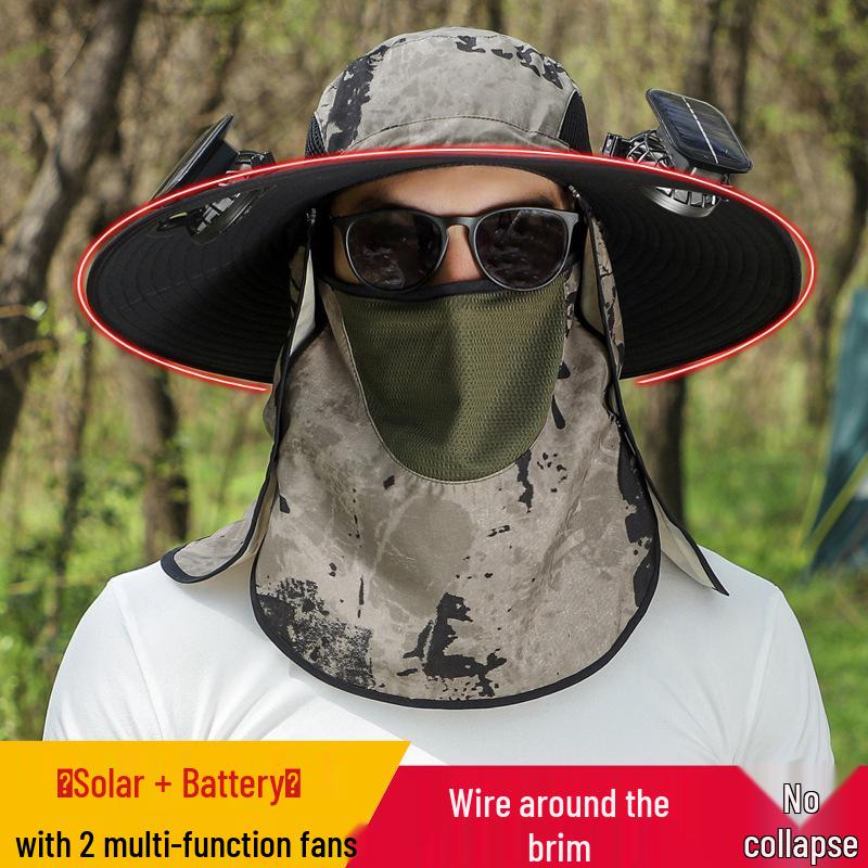 Men's Solar Rechargeable Sun Hat with Dual Fans and Face/Neck Protection for Summer Outdoor Hiking