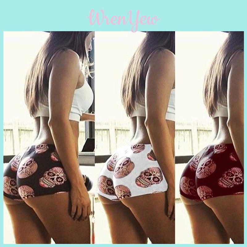 Women Fashion Sexy Slim Fitness Sports Workout Sweatpant Mini Shorts With Skull Print Design