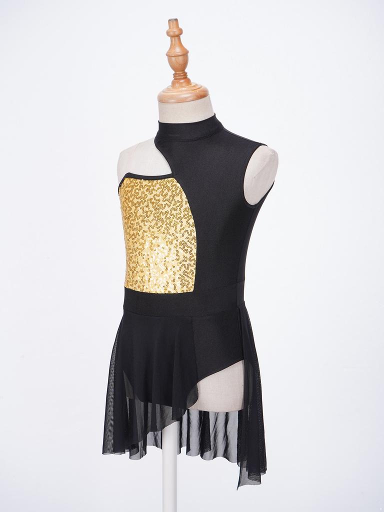 Mädchen-Ballett-Gymnastik-Trikotkleid, glänzende Pailletten, schulterfrei, lyrisches Tanzkleid für Bühnenkostüme