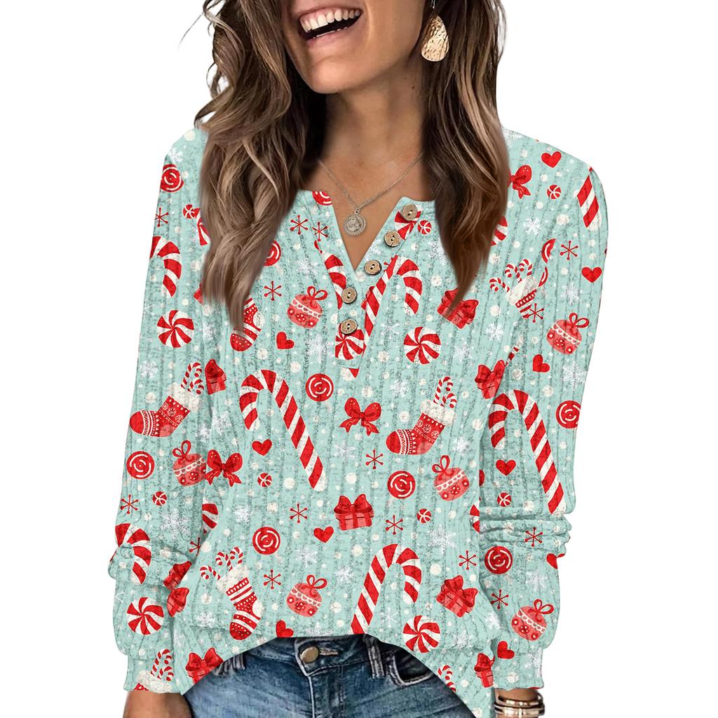 Women's Fashion V-Neck Button-Up T-Shirt With Christmas Print Long-Sleeved Top