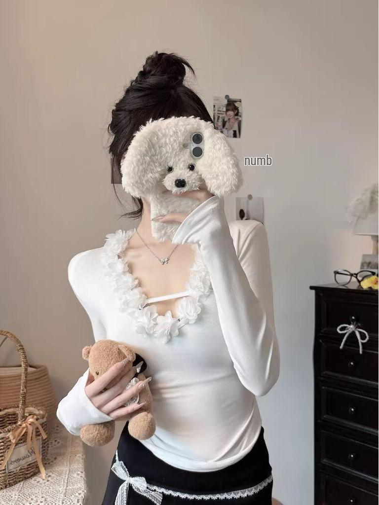 Slimming Lace V-Neck Long-Sleeve Top - Women's Autumn/Winter Flattering Style