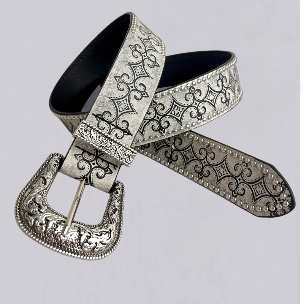 Retro Western Denim Belt with Pattern Rivet Texture Embossed Nail Beads