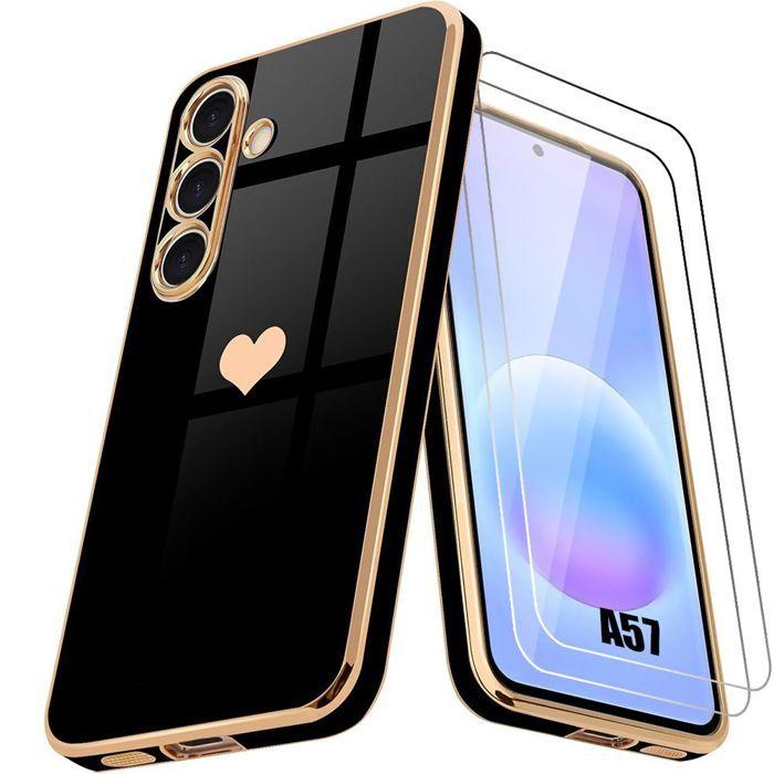 Coque Silicone - BOOLING - pour Samsung Galaxy A57 5G - Motif Cœur Slim Noir - 2 Verres Trempés