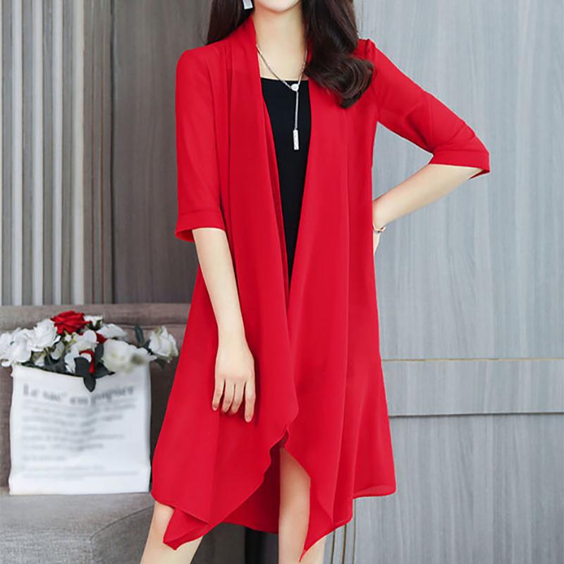 Camisa de gasa de verano para mujer, abrigo ultrafino de longitud media, camisa con protección solar, camisa de aire acondicionado, cárdigan tipo chal de Color sólido