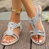 Fashion Bohemia Gold Glitter Flower Decoration Sandals Cross Strap Low Heels Sandals Women 2025 Summer Casual Ankle Strap Beach Shoes