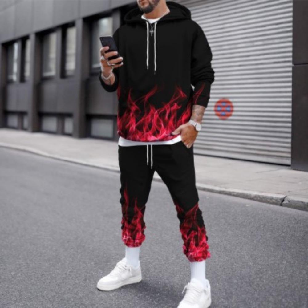 Fashion Flame 3D Print Hoodie Pant Sets Men Casual Hip-hop Sweatshirts Sweatpants Two Piece Suits Tracksuit Man Street Clothing