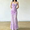 French Purple Printed Mesh Suspender Dress Women's Summer Seaside Vacation Pure Desire Sexy Fishtail Hip-wrapped Long Dress Tide