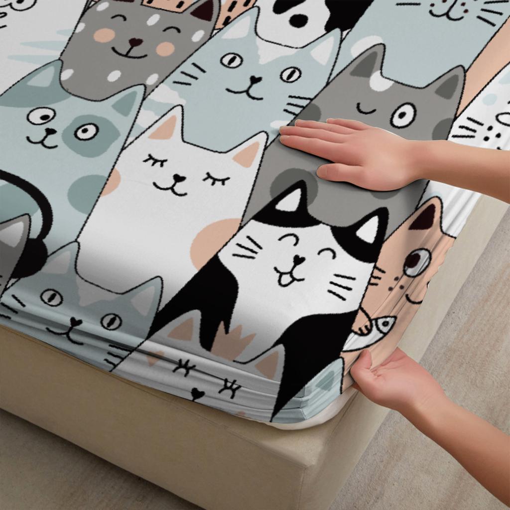 3 stuks Kleurrijke Katten Hoeslaken Cartoon Kattenpatroon 3D Print Cadeaus Voor Studenten Meisjes 100% Polyester Plat Laken Met Kussenslopen