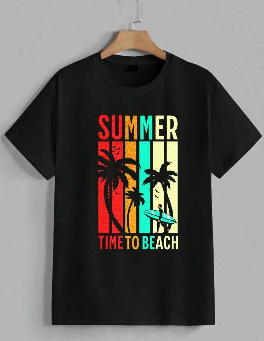 Retro Summer Beach T-Shirt Vintage Sunset Surf Palm Tree Graphic Tee Unisex XXXXL