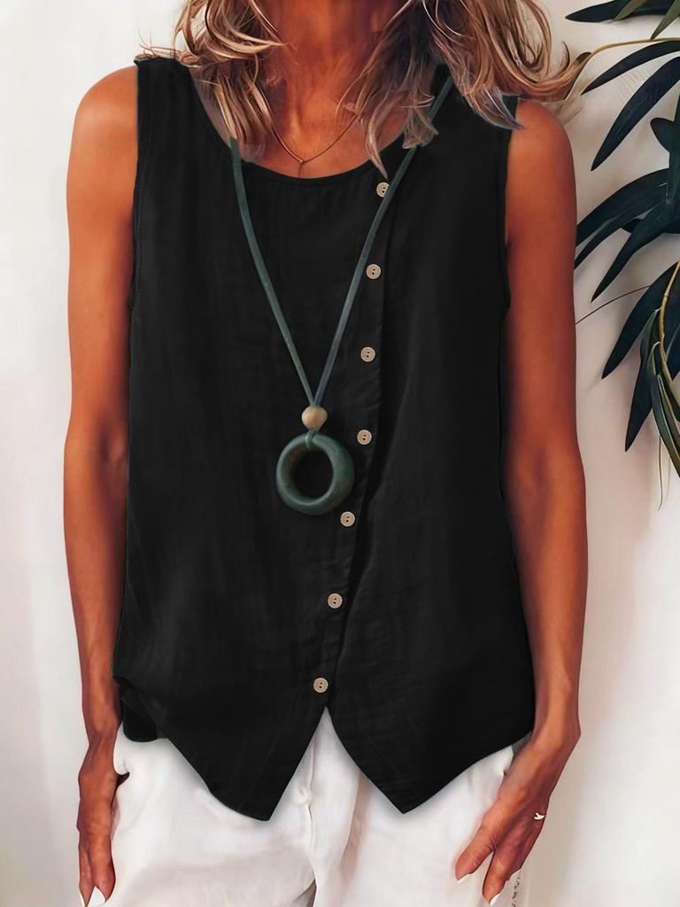 Damen Boho Locker Übergröße Diagonal Knopf Ärmellos Hemd Tanktop