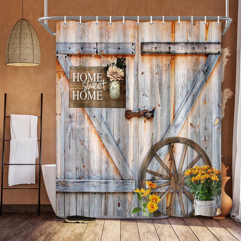 

Rustic Barn Door Shower Curtain for Bathroom, Western Farmhouse Yellow Daisy Floral Bath Curtain Sets,Fabric Countryside Wooden 90x180cm