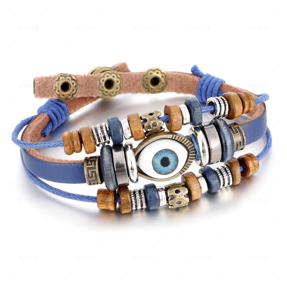Bohemian Multilayer Braided Leather Bracelet with Eye Beads, Adjustable Couple Wristband