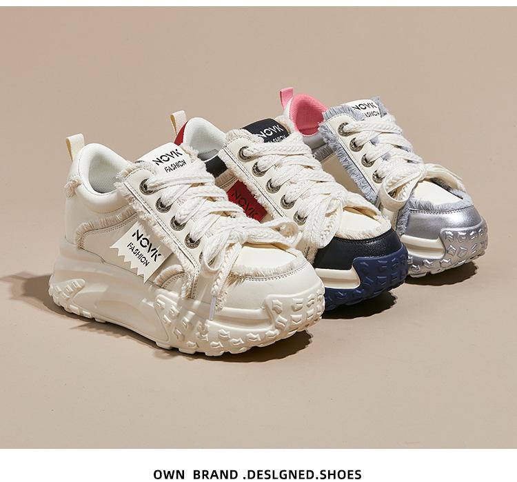 2025 Women's Colorblock Genuine Leather Casual Shoes with Thick Sole and Height Increase