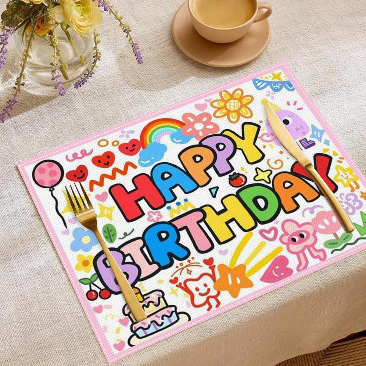 

Birthday Theme Linen Placemats Colorful Letter Print Party Table Decoration Desktop Anti-fouling Insulating Protective Mat 4PC-32X42cm