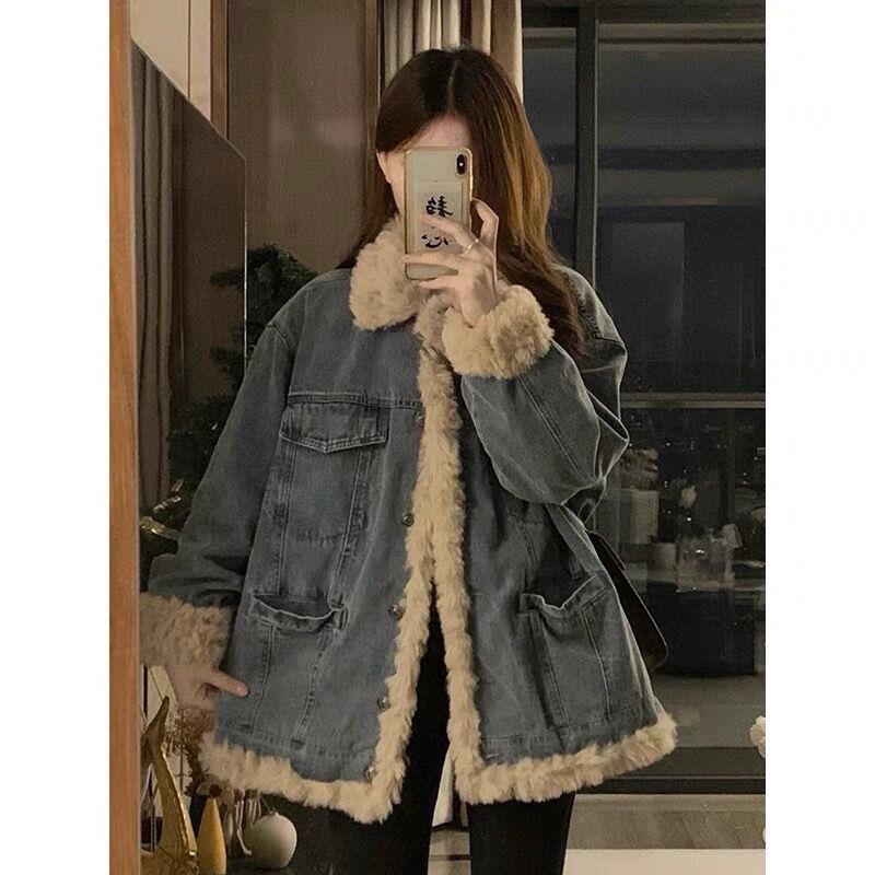 Women s 2025 Japanese Retro Shearling Denim Jacket - Autumn Lambswool Casual Winter Coat M (Recommended 50-55 kg)