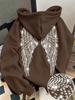 Hanorac cu glugă și mânecă lungă pentru femei, croială regulată, hoodie casual, pulover cu imprimeu aripi cu strasuri, poliester, îmbrăcăminte exterioară fashion