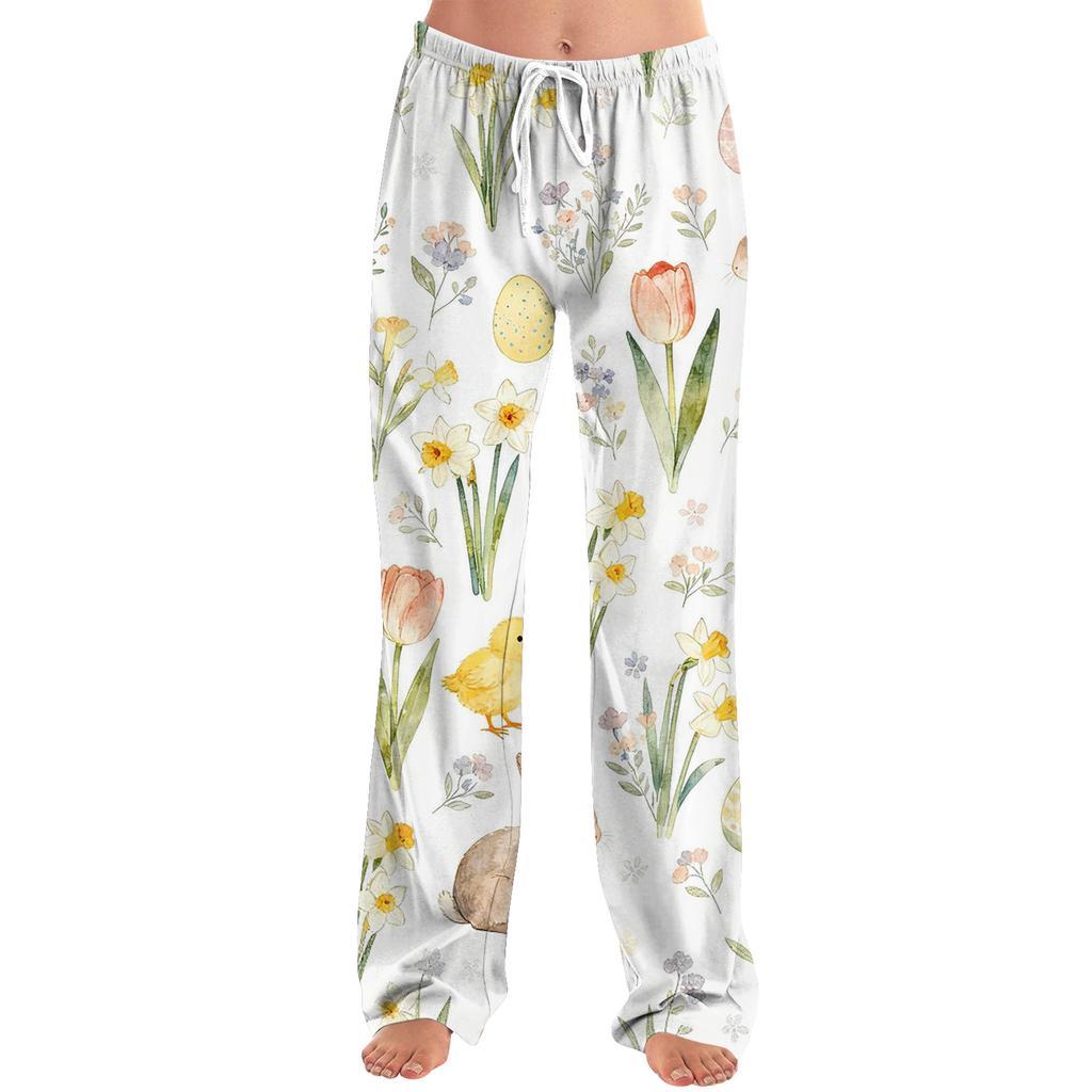 Pantaloni casual da donna alla moda, larghi, casual, con stampa di cartoni animati di Pasqua
