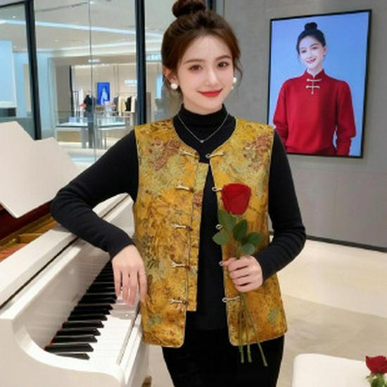 

2026 Spring Vest Jacket - New Chinese Style for Middle-Aged and Elderly Women, Printed Shawl for Spring and Autumn Wear 3XL жовтий