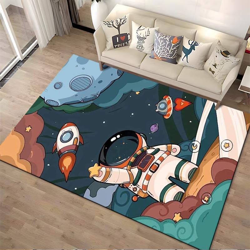 Cartoon Astronaut and Rocket Space Theme Area Rug for Kids Room Decor Suitable for use as an anti-slip for living room bedroom sofas