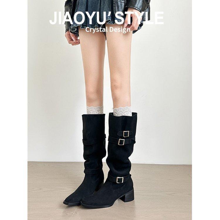 Cowhide Version~ Thick Heel Leather Retro Long Boots Women's Belt Buckle Pleated Stacking Boots Tall Western Cowboy Boots