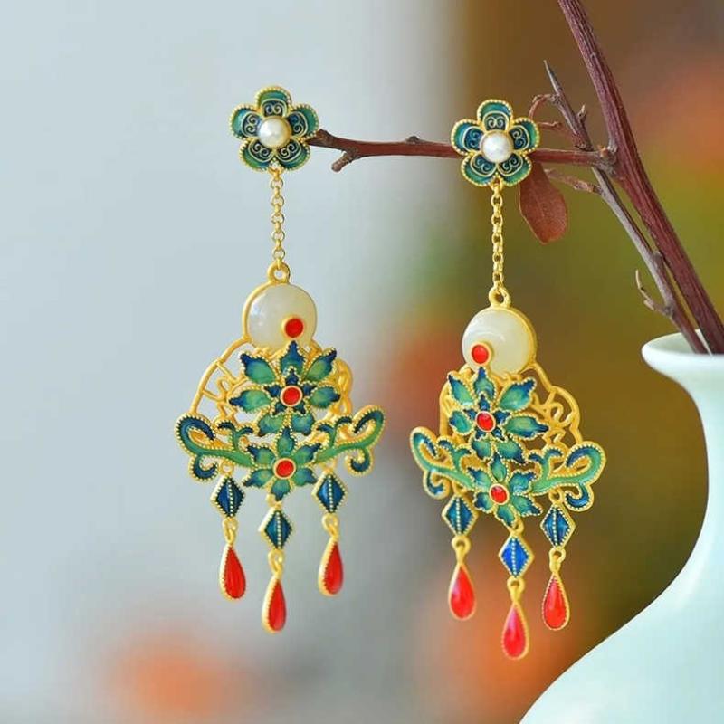 Natural An Jade Flower Enamel Tassel Earrings For Women Exquisite Retro Style Classical Cheongsam Hanfu  Accessories