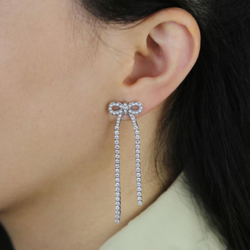 2024 Fashion Women Jewelry Thin CZ Tennis Tassel Chain Cute Bow Earring