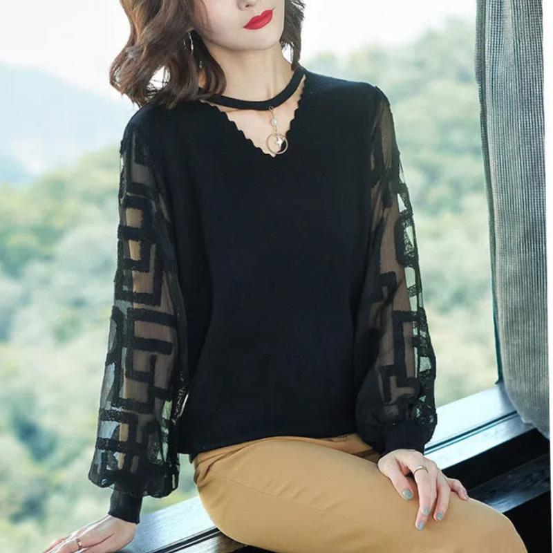 Korean Fashion Spring Sweaters Women's V-Neck Printing Patchwork Hollow Out Elegant All-match Loose Long Sleeve Knitting Tops