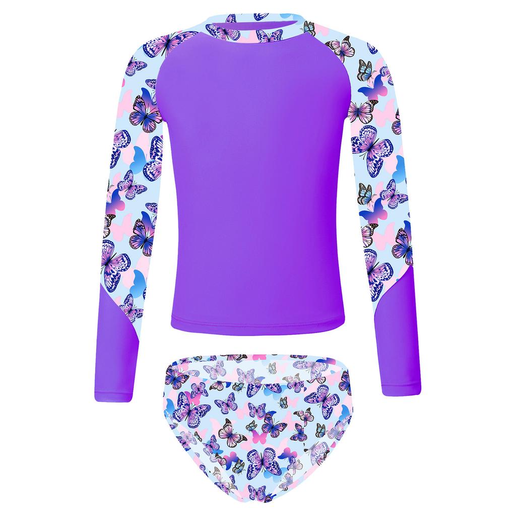 Girls Long Sleeve Swim Set Printed Mock Neck Rash Guard Top Swim Briefs UPF 50 Sun Protective Beach Pool Outfit