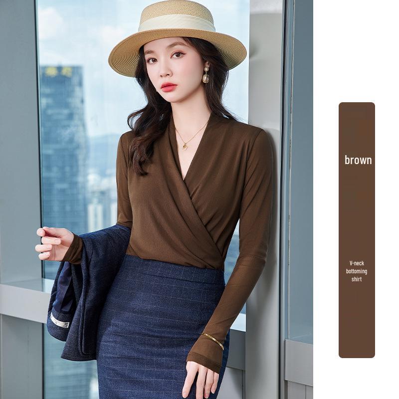 2025 Autumn Korean Style Long-Sleeve V-Neck Mesh Top for Women