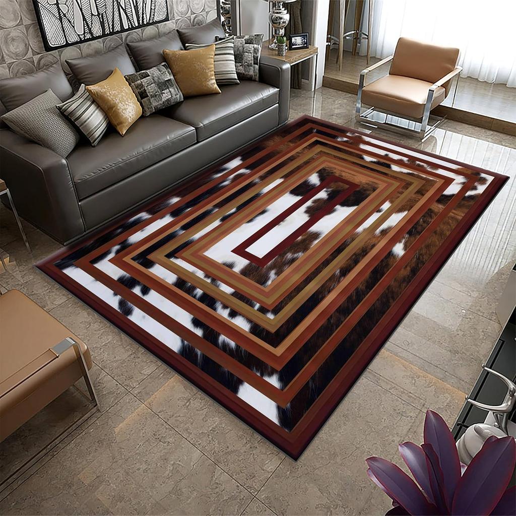 Weiß Braun Kuhfellmuster Bereichsteppich Ethnischer Stamm Pfeil Azteken Südwesten Indianisch Innenbereich Rutschfest Westliches Dekor Fußmatte