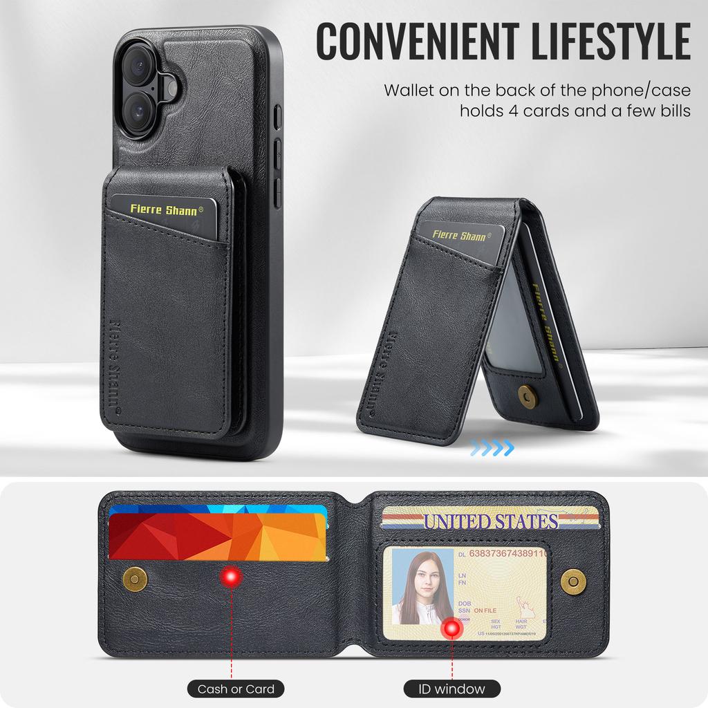 FIERRE SHANN 025 Style For iPhone 16 Case Leather+TPU Detachable Card Slots Phone Cover