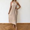 Women's Fashionable Sexy Solid Color Hanging Neck Backless Vacation Sleeveless Pleated Dress