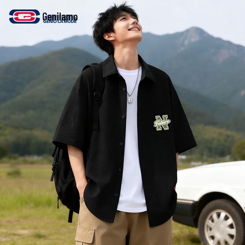 

GENIOLAMODE Men s Casual Short-Sleeve Lapel Shirt M