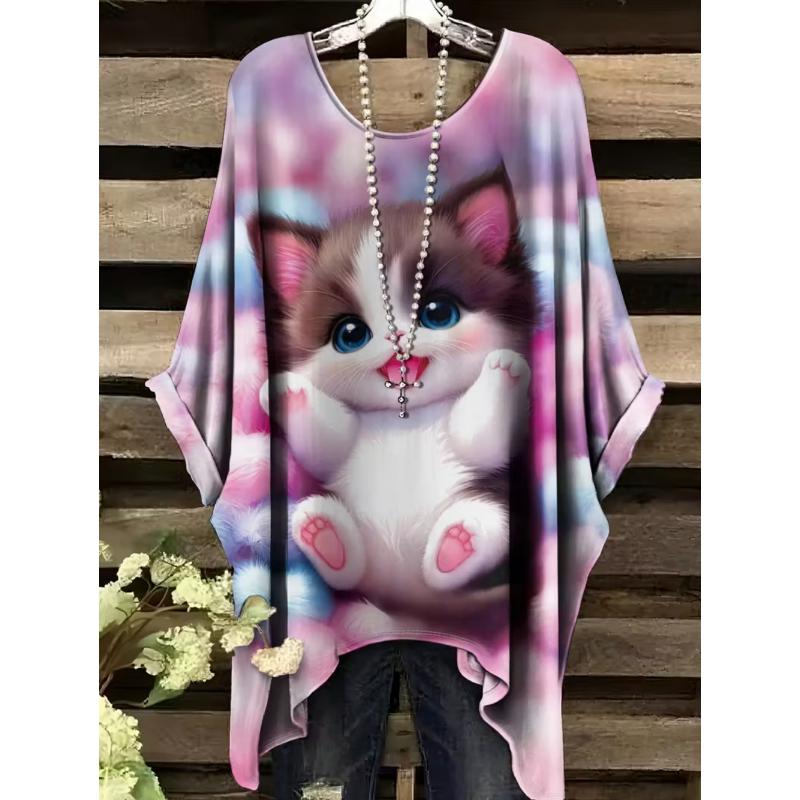 Retro Damen T-Shirt Anime Katze Grafik Mädchen Kleidung Sommer O-Ausschnitt Kurzarm T-Shirts Weiblich Harajuku Streetwear Übergroße Bluse