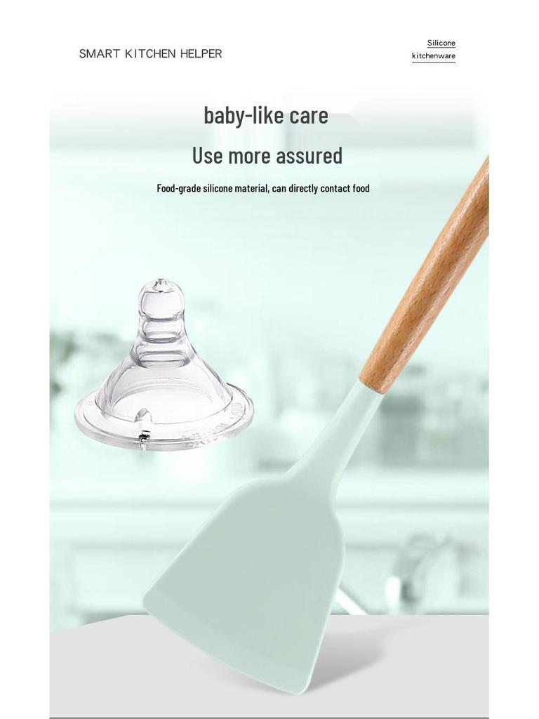 Sada kuchyňského náčiní: 12dílná žáruvzdorná silikonová sada s dřevěnými rukojeťmi a úložným kontejnerem