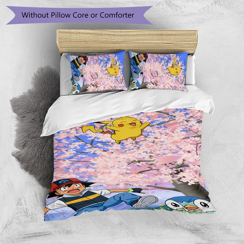 Pokémon Pattern Printed 3PCS Bedding Set, Soft Skin-Friendly Washable Duvet Cover & Pillowcases Set