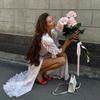 Elegant Watercolor Floral Long Dress Women V Neck Ruffle Puff Sleeve Slit Dress Self Belt Waist Flowy Chiffon Dress Wedding Guest Party Daily Outing