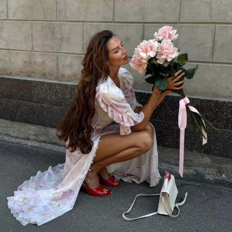 Elegant Watercolor Floral Long Dress Women V Neck Ruffle Puff Sleeve Slit Dress Self Belt Waist Flowy Chiffon Dress Wedding Guest Party Daily Outing