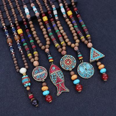 Unisex Handgemachte Halskette Nepal Buddhistische Mala Holz Perlen Anhänger Halskette Ethnische Fisch Horn Lange