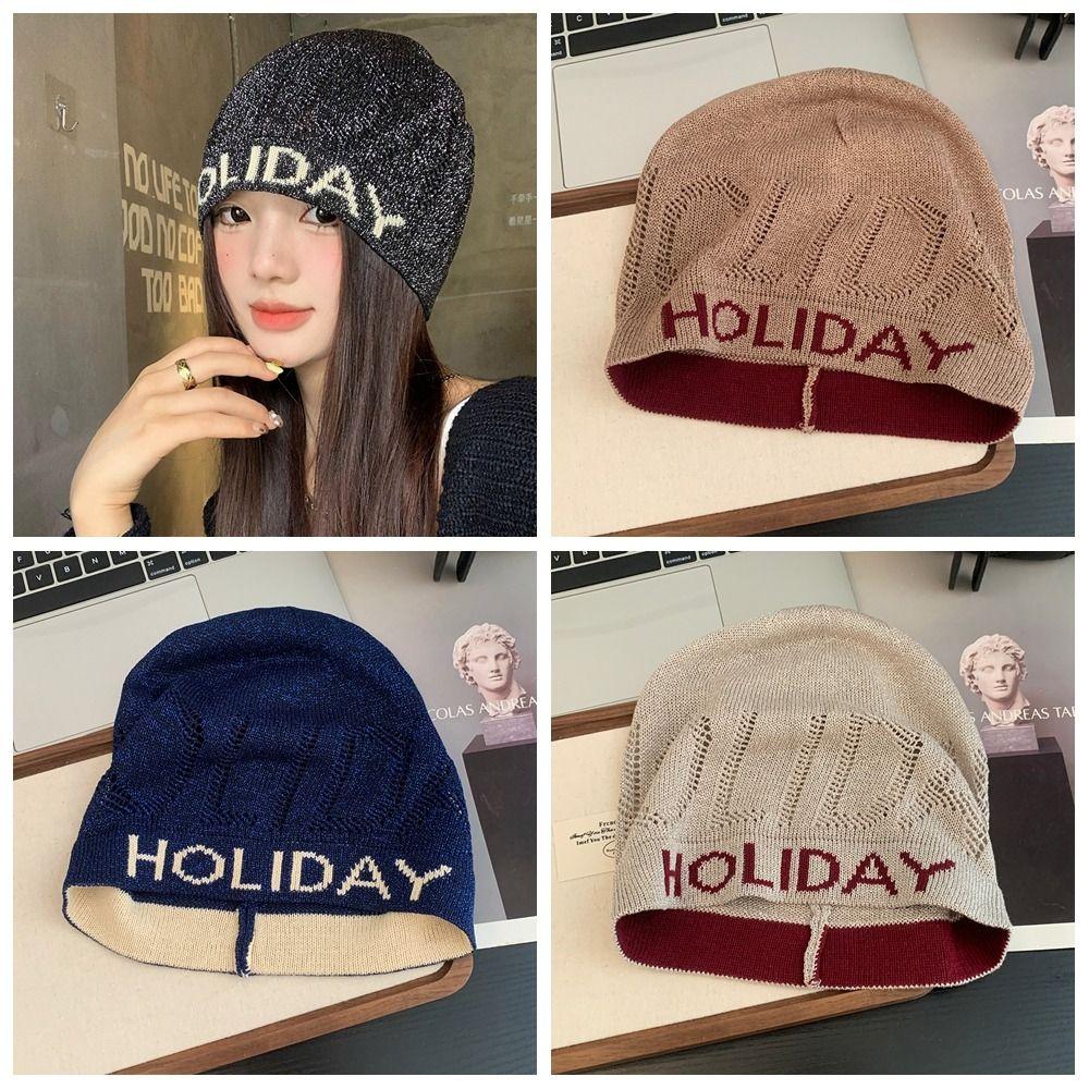Vintage Letter Beanie Hat Hollow Knitted Pullover Hat Fashion Sequin Knitted Hat  Winter